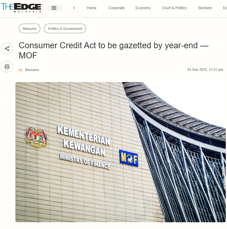 Consumer Credit Act to be gazetted by year-end — MOF